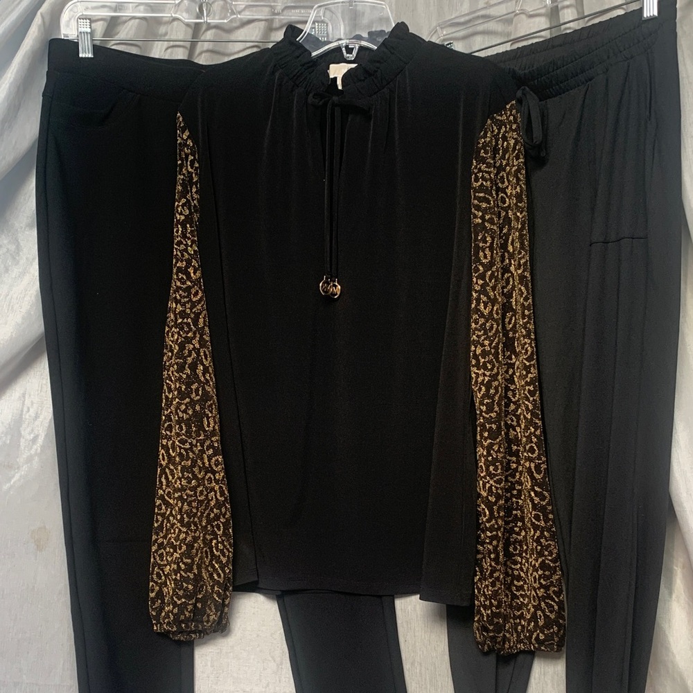 Michael Kors Black Top with Brown Patterned Sleeves